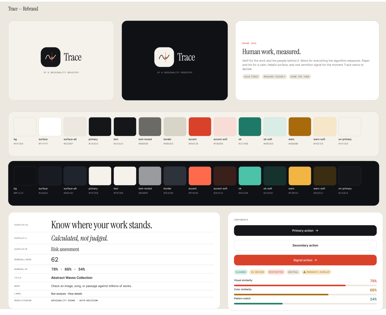 TRACE brand system: type, palette, and components